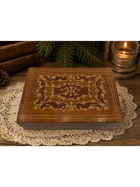 Wooden Decorative Keepsake Box With Brass Inlay Design And Hinged Lid